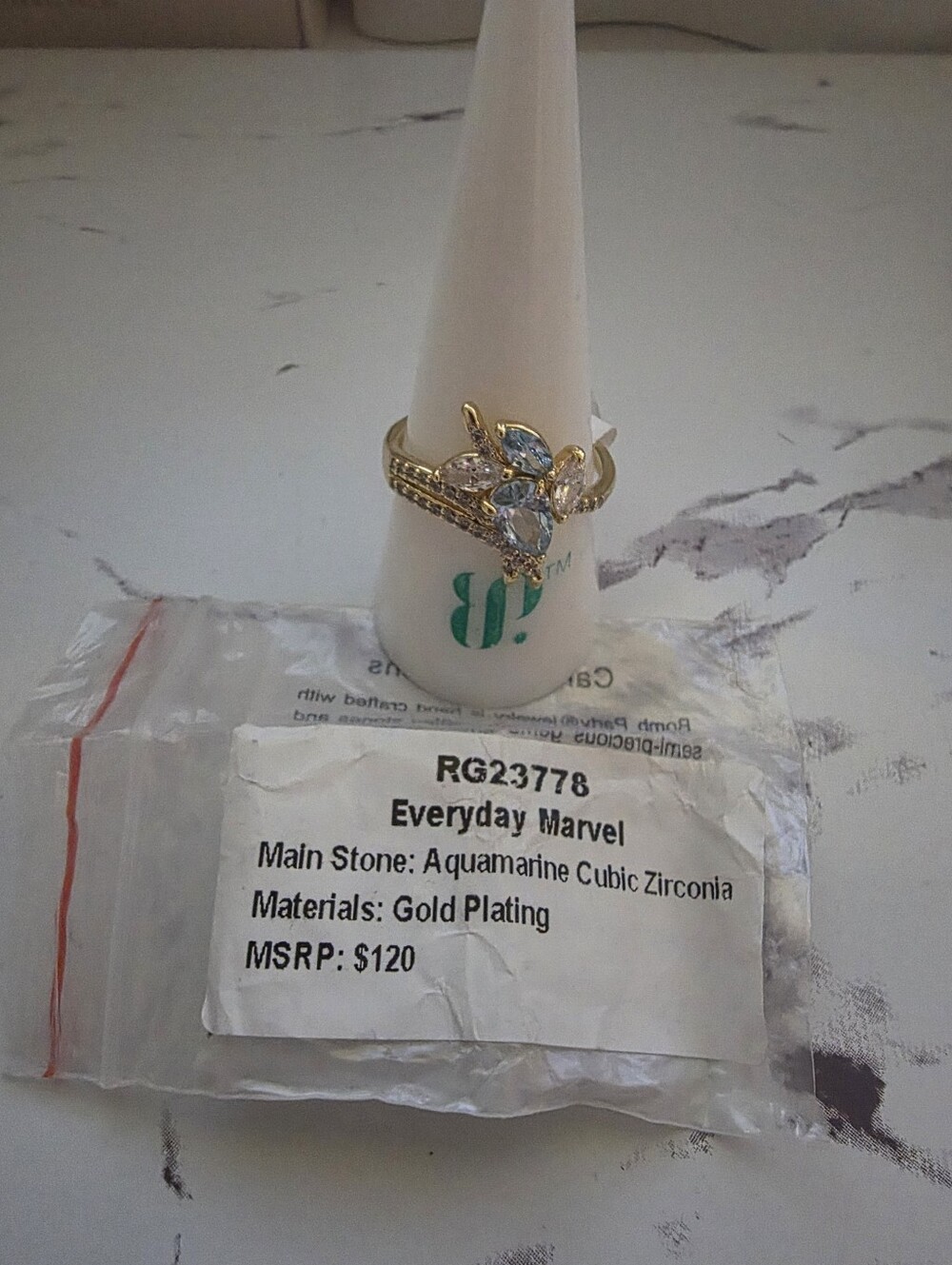 Gold Plated Ring with Aquamarine Cubic Zirconia